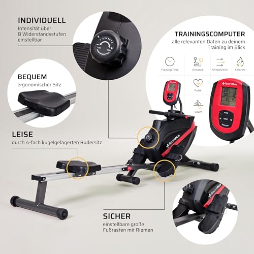 SportPlus | Rudergerät inkl. Bodenschutzmatte | Designed in Germany, klappbar, leises Magnetbremssystem, 8 Widerstandsstufen, Schwungmasse 8kg für zuhause - 4