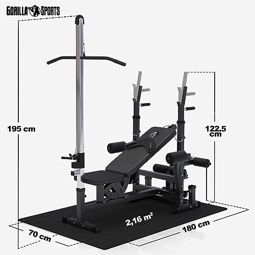 GORILLA SPORTS® Kraftstation - Hantelbank mit verstellbare Hantelablage, Latzugturm, Butterfly, Curlpult, Beincurler und 100 kg Hantelset - Trainingsbank, Fitnessstation, Trainingsstation - 2