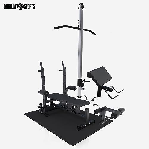 GORILLA SPORTS® Kraftstation - Hantelbank mit verstellbare Hantelablage, Latzugturm, Butterfly, Curlpult, Beincurler und 100 kg Hantelset - Trainingsbank, Fitnessstation, Trainingsstation - 4
