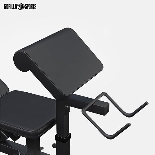 GORILLA SPORTS® Kraftstation - Hantelbank mit verstellbare Hantelablage, Latzugturm, Butterfly, Beincurler, Schwarz oder Weiss - Trainingsbank, Fitnessstation, Trainingsstation (Schwarz) - 4