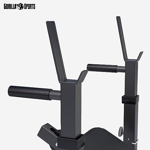 GORILLA SPORTS® Kraftstation - Hantelbank mit verstellbare Hantelablage, Latzugturm, Butterfly, Beincurler, Schwarz oder Weiss - Trainingsbank, Fitnessstation, Trainingsstation (Schwarz) - 5