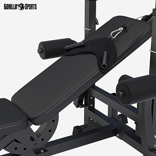 GORILLA SPORTS® Kraftstation - Hantelbank mit verstellbare Hantelablage, Latzugturm, Butterfly, Beincurler, Schwarz oder Weiss - Trainingsbank, Fitnessstation, Trainingsstation (Schwarz) - 6