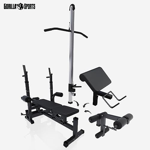 GORILLA SPORTS® Kraftstation - Hantelbank mit verstellbare Hantelablage, Latzugturm, Butterfly, Beincurler, Schwarz oder Weiss - Trainingsbank, Fitnessstation, Trainingsstation (Schwarz) - 8