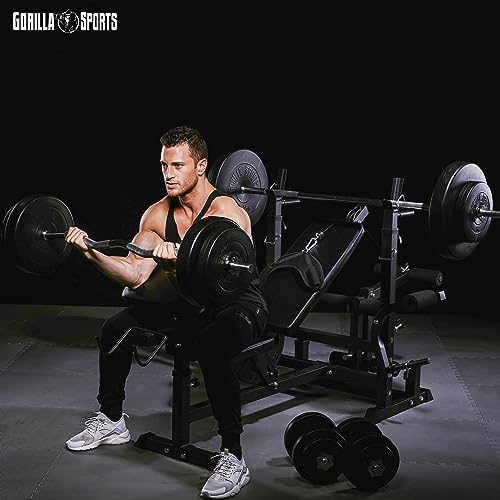GORILLA SPORTS® Kraftstation - Hantelbank mit verstellbare Hantelablage, Latzugturm, Butterfly, Beincurler, Schwarz oder Weiss - Trainingsbank, Fitnessstation, Trainingsstation (Schwarz) - 9
