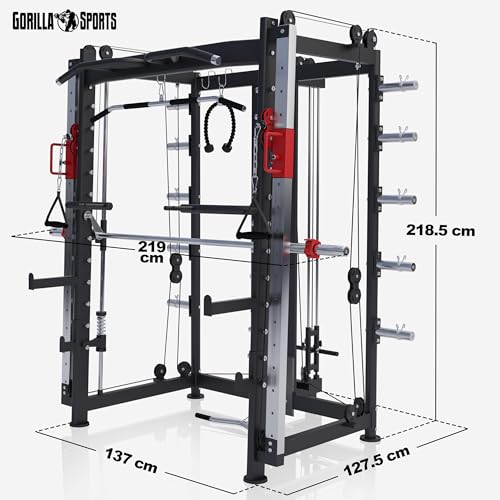 GORILLA SPORTS® Power Rack - mit Klimmzug, Rudern, Dip Station, Bizeps/Trizepsgriff, Langhantel und Hantelscheiben Aufnahme, Verstellbar, Stahl - Multipresse, Smith Maschine, Kraftstation, Power Cage - 5