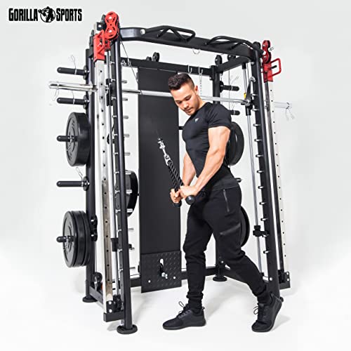 GORILLA SPORTS® Power Rack - mit Klimmzug, Rudern, Dip Station, Bizeps/Trizepsgriff, Langhantel und Hantelscheiben Aufnahme, Verstellbar, Stahl - Multipresse, Smith Maschine, Kraftstation, Power Cage - 6