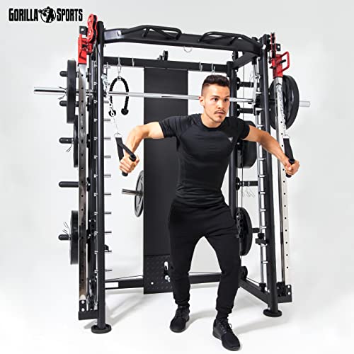 GORILLA SPORTS® Power Rack - mit Klimmzug, Rudern, Dip Station, Bizeps/Trizepsgriff, Langhantel und Hantelscheiben Aufnahme, Verstellbar, Stahl - Multipresse, Smith Maschine, Kraftstation, Power Cage - 7