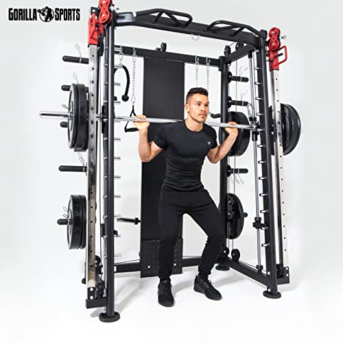 GORILLA SPORTS® Power Rack - mit Klimmzug, Rudern, Dip Station, Bizeps/Trizepsgriff, Langhantel und Hantelscheiben Aufnahme, Verstellbar, Stahl - Multipresse, Smith Maschine, Kraftstation, Power Cage - 8